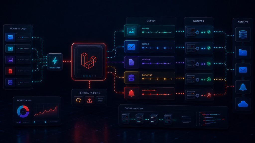 Laravel queues and background jobs architecture with five named queues and dedicated workers