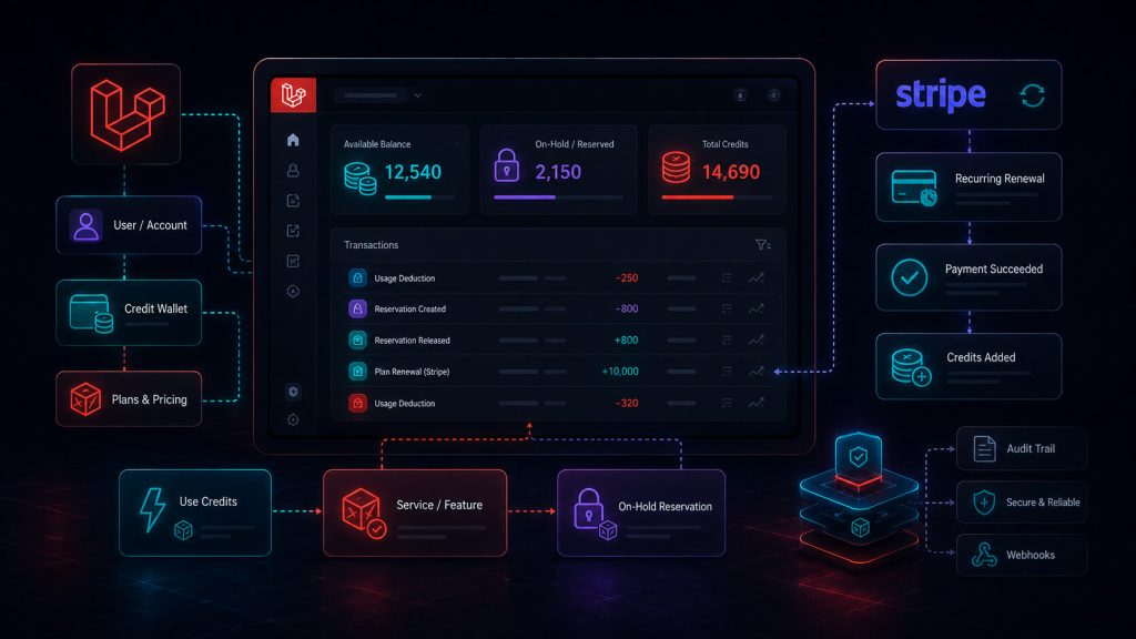 Diagram of a credit-based billing system in Laravel showing balance, on-hold reservations, and Stripe renewals